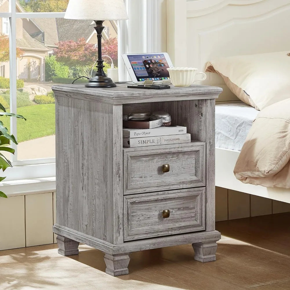 Grey Farmhouse Nightstands Set of 2 with Charging Station