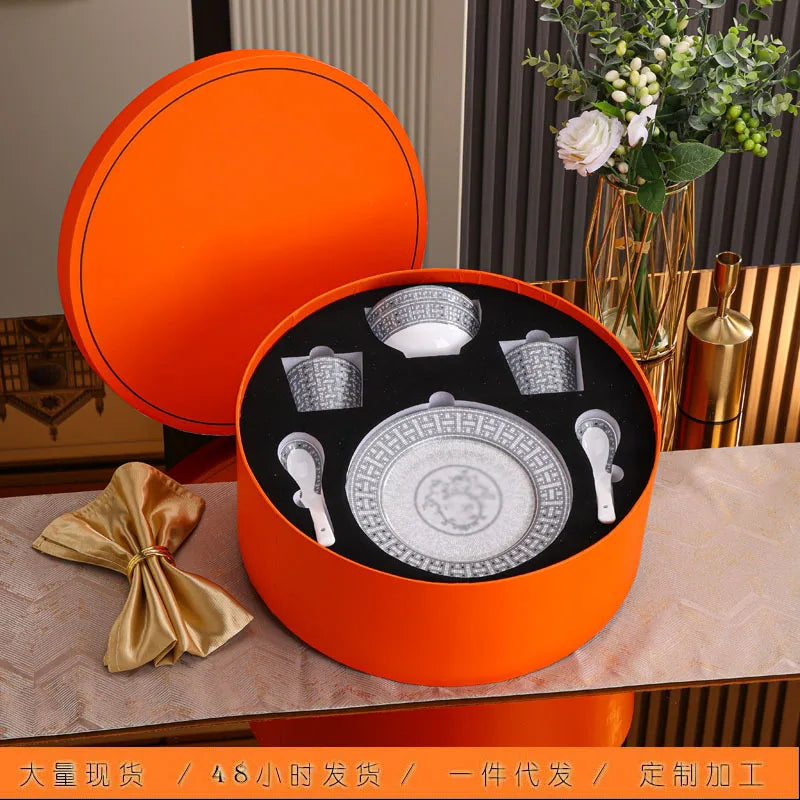 Luxury 10 Piece European Style Gray Horse Drawn Cart Tableware Set Bone China