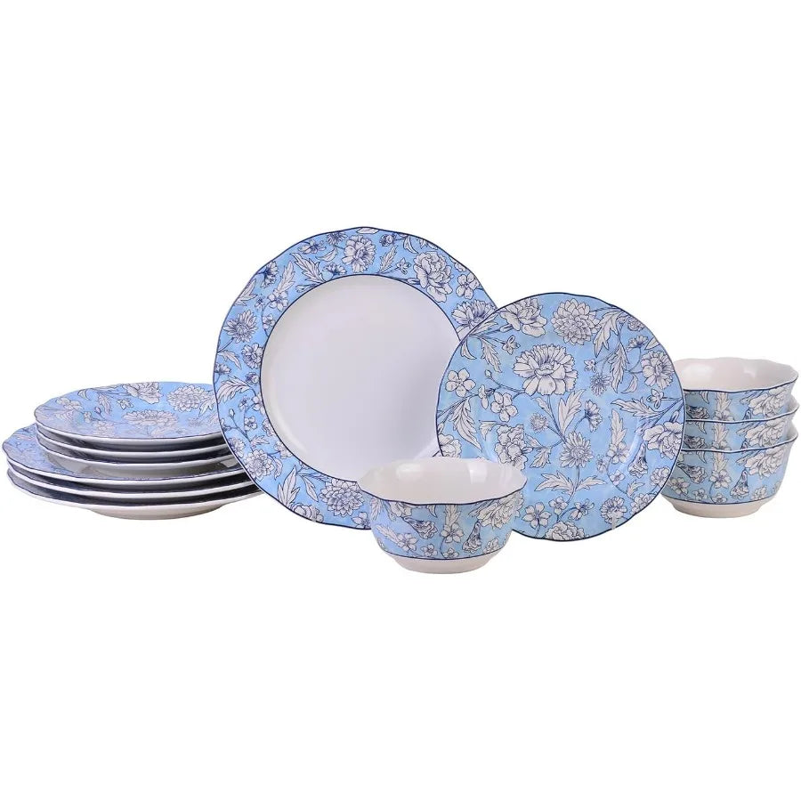 12 Piece Porcelain Dinnerware For 4 White And Blue Plates Bowls Floral Ceramic