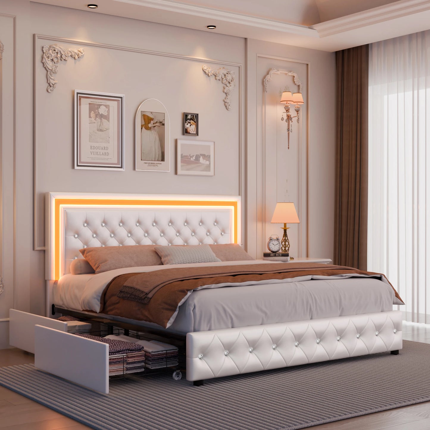 Queen Platform Bed With 4 Storage PU Leather No Box Spring Easy Assembly 900lbs
