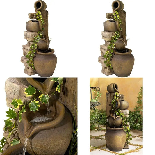 Large Rustic Tiered Stone-Look Floor Fountain with Cascading Waterfall for Indoor or Outdoor Decor