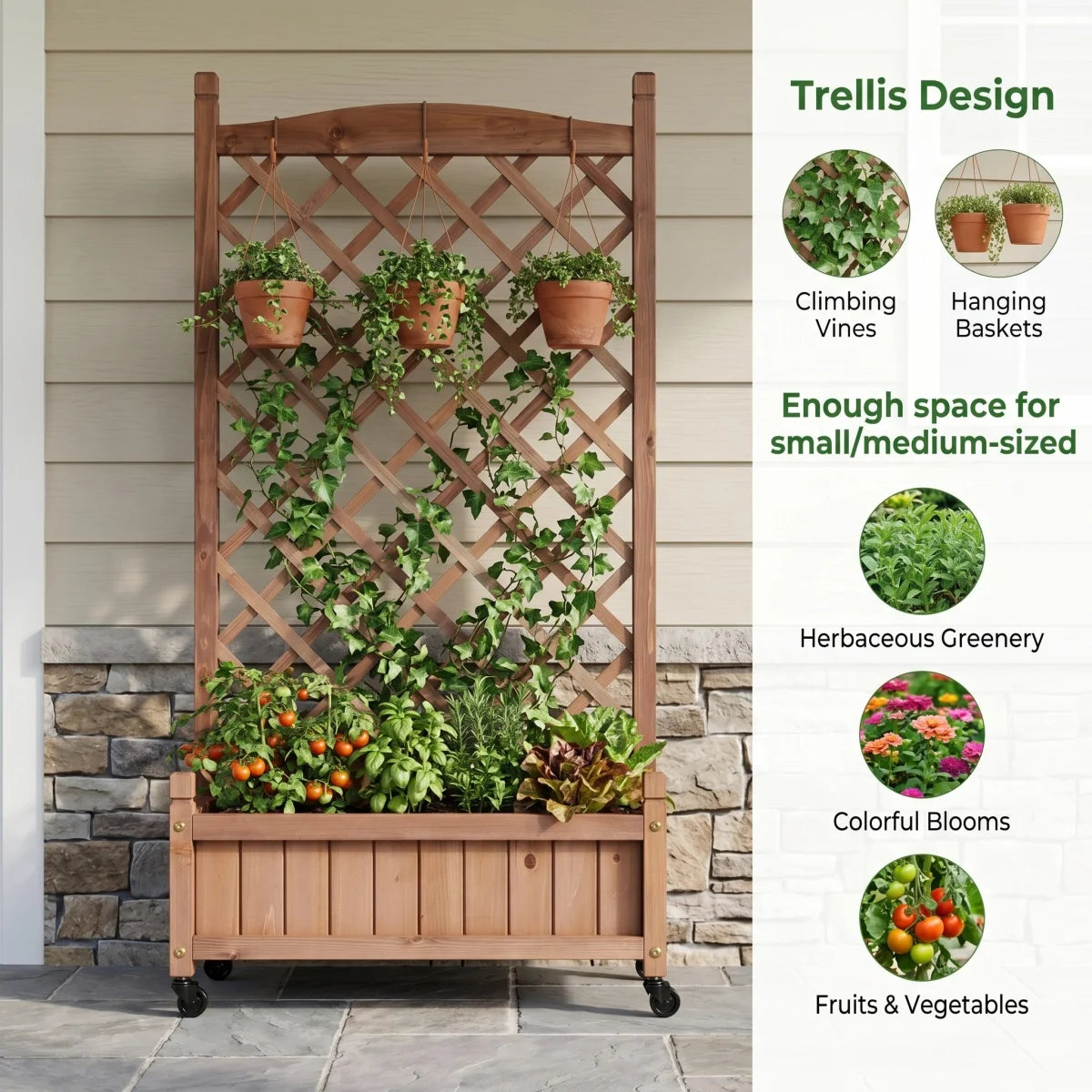 Raised Garden Bed with Trellis 2 Pack, Outdoor Wooden Planter Box & Plant Stand with Climbing Racks    RR