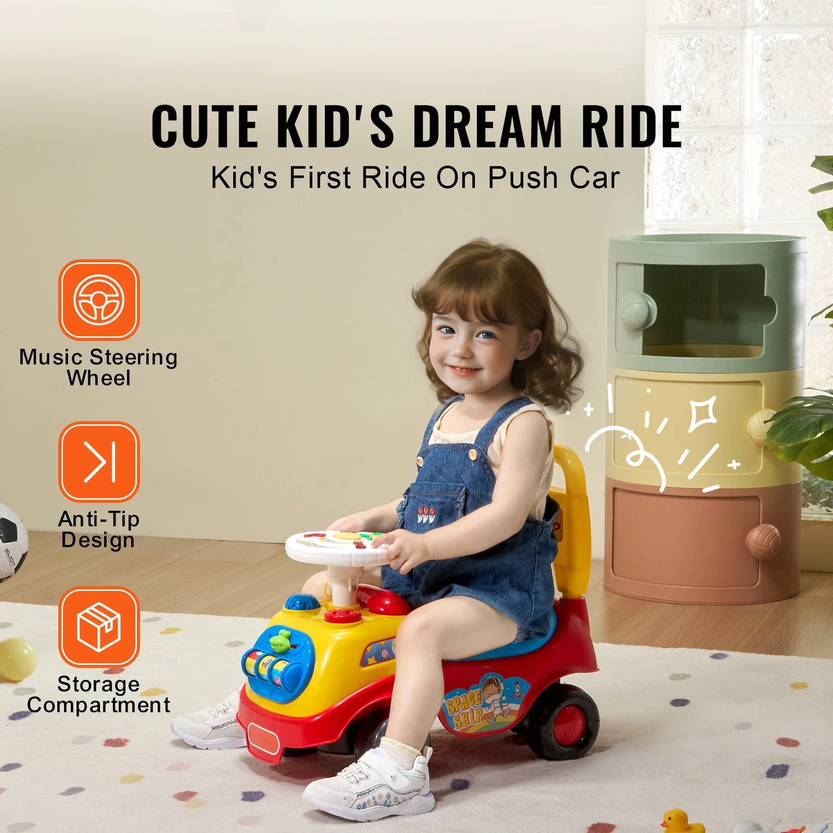 Toddler Ride On Push Car Music Steering Wheel Sit To Stand Kids Storage 0 To 3Y