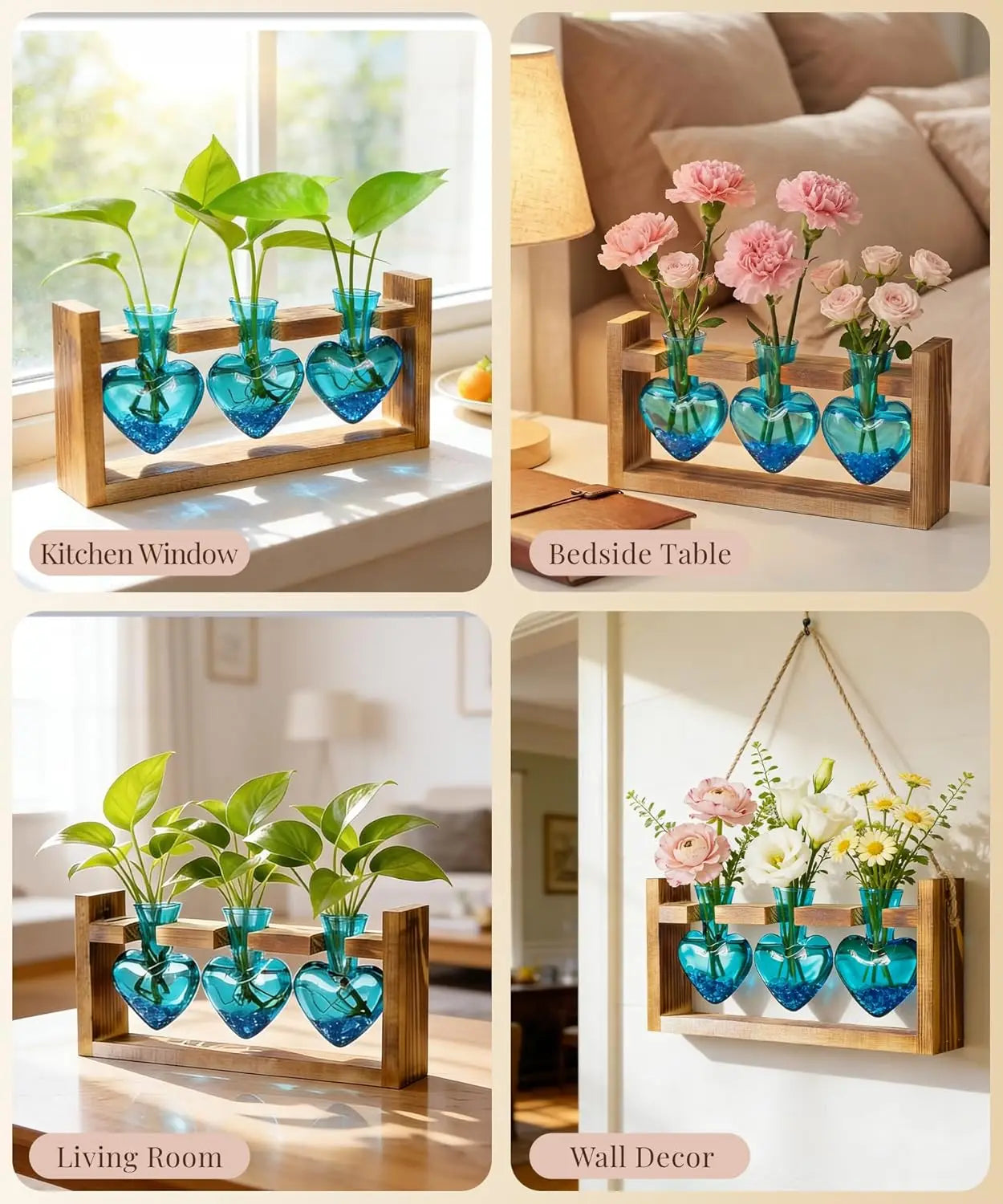 Heart Shaped Propagation Station With 3 Glass Vases Wooden Stand Home Decor