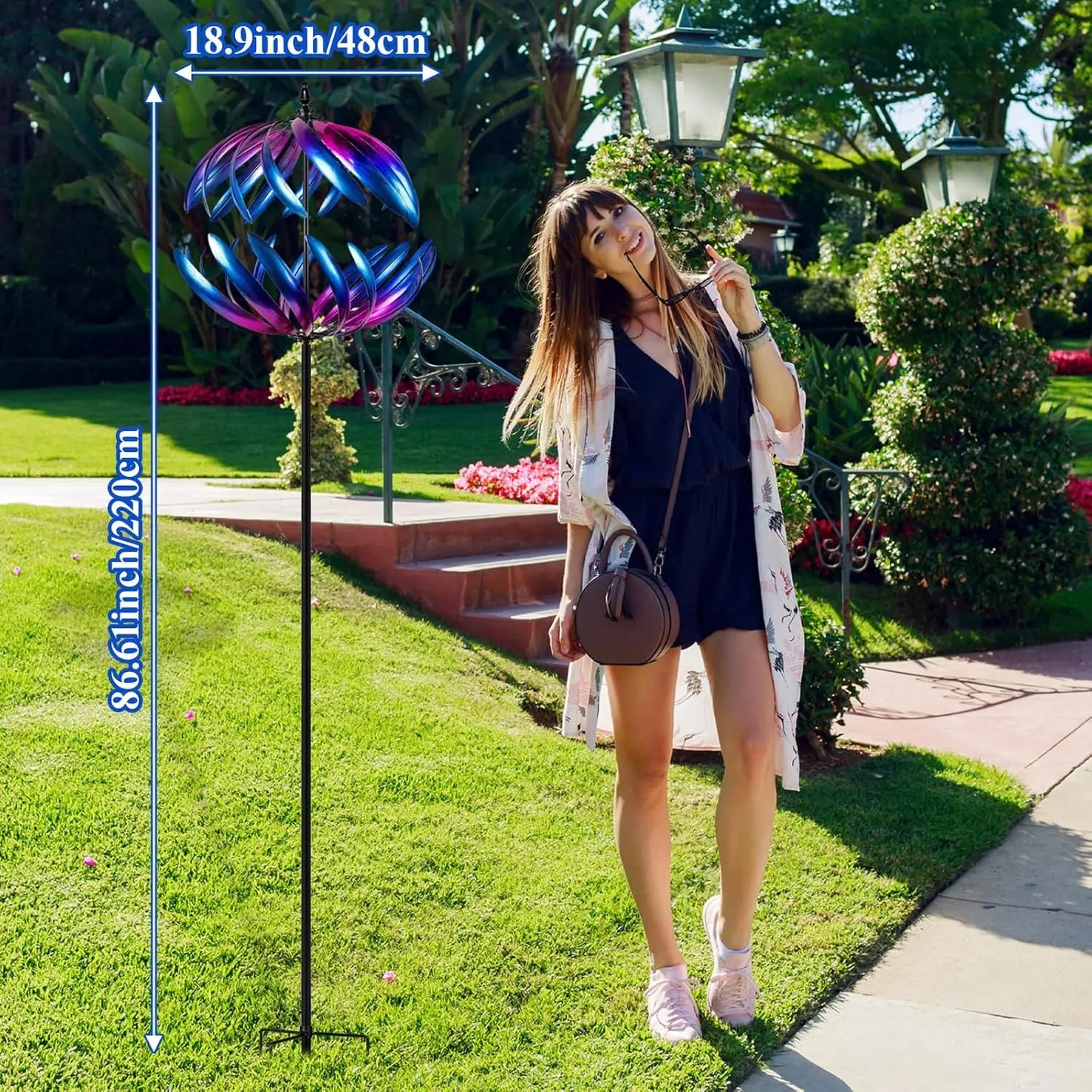 Kinetic Garden Wind Spinner, Double-Layer Metal Art, Blue and Purple Gradient, Outdoor Yard Decoration