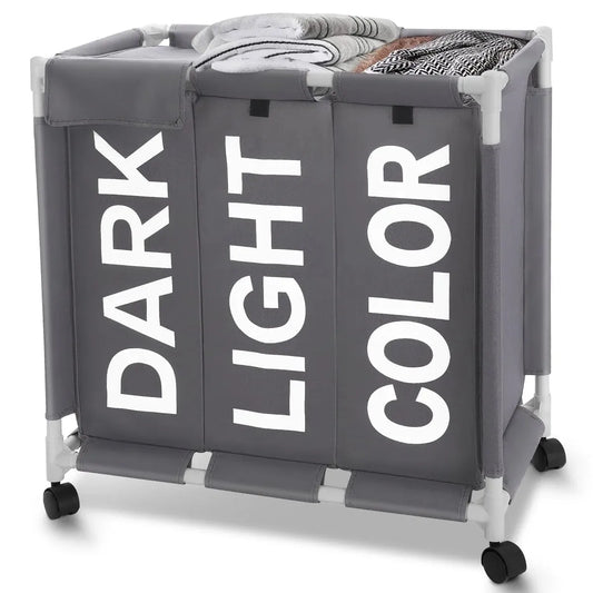 Wheeled Laundry Hamper with Lids 150L 3 Section Sorter Gray