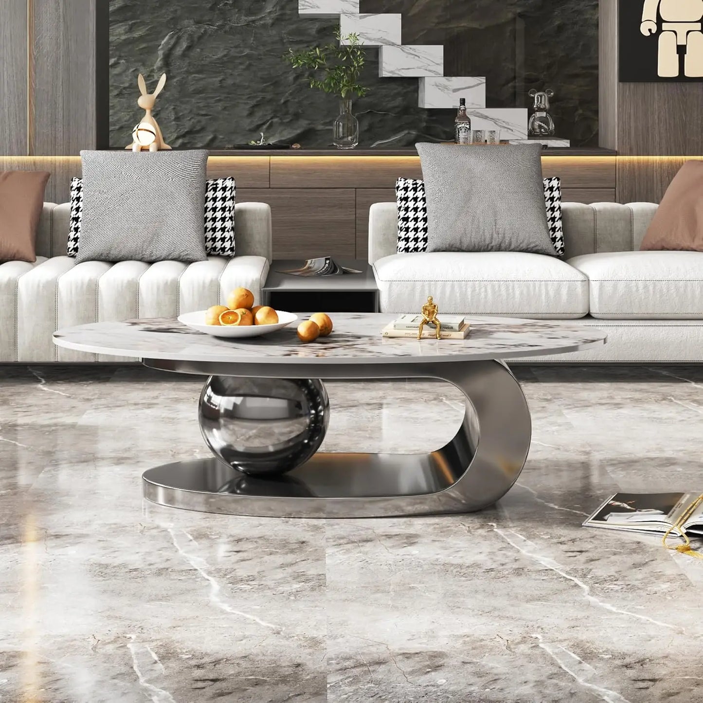 Modern Oval Coffee Table With Stainless Steel Pedestal And Faux Marble Top