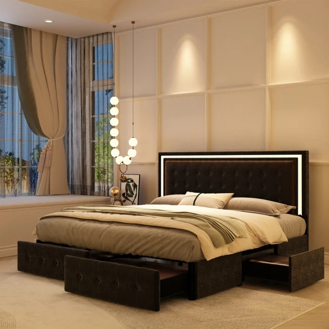 GEGOFORU Queen LED Bed Frame 4 Storage Drawers RGBW Headboard PU Upholstered
