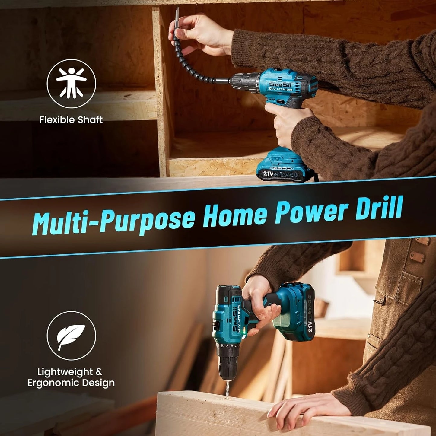 Seesii Tool Kit with Drill 25+1 Torque adjustment Cordless Electric Drill 230PCS Tool Kit for Home Repair Woodworking Gardening