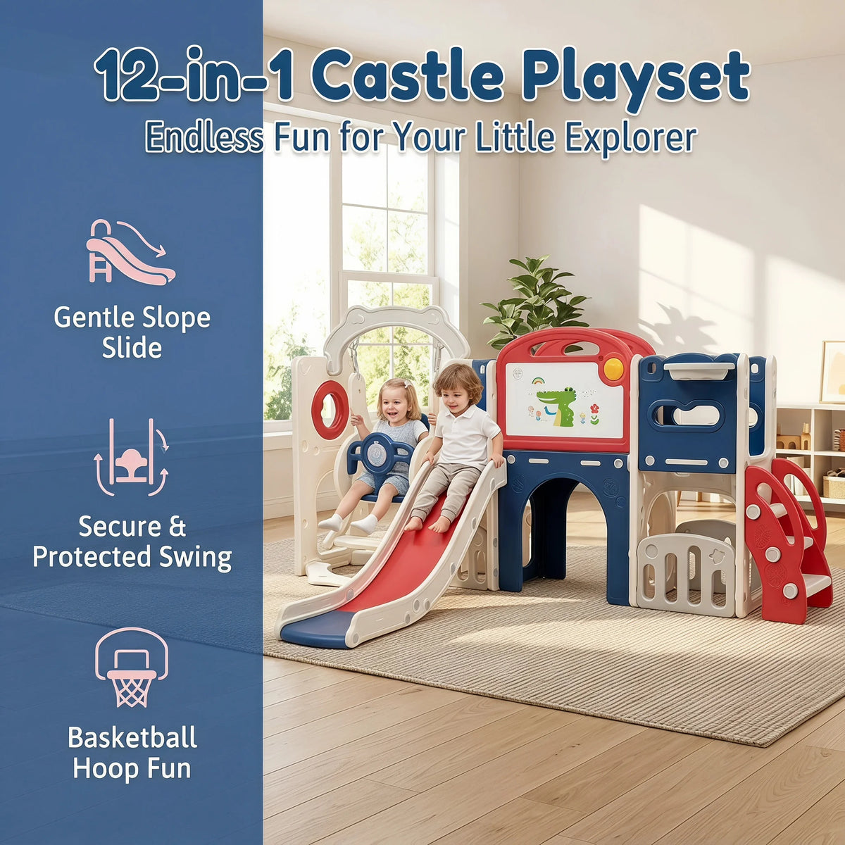 12‑in‑1 Kids Play Castle Playset Toddler Slide and Swing Set with Drawing Board Basketball Hoop HDPE Indoor Outdoor Children Playground Toy for 1‑6 Years Old