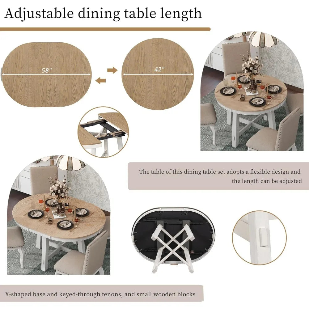 Farmhouse Round Extendable Dining Table Set With 4 Chairs
