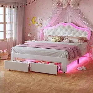Twin Size Pink Upholstered Bed For Girls With Adjustable Headboard And LED Lights