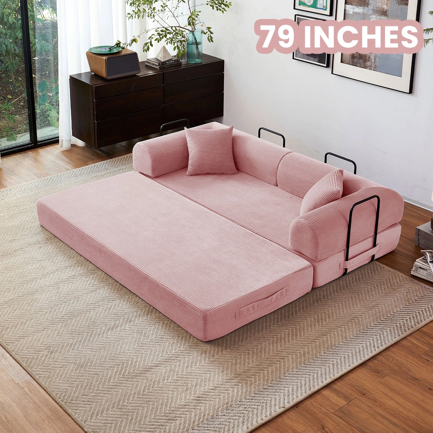 79 Inch Foldable Convertible Futon Sofa Bed With L Shaped Armrests