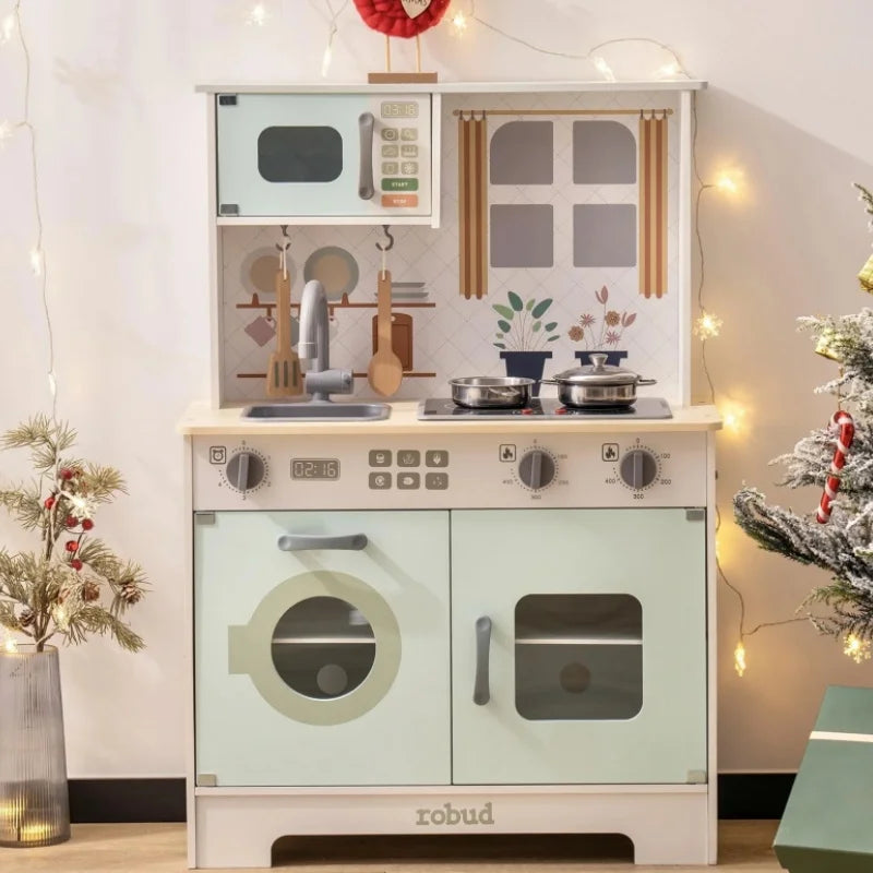 Robud Wooden Play Kitchen Set With Lights And Sounds Green