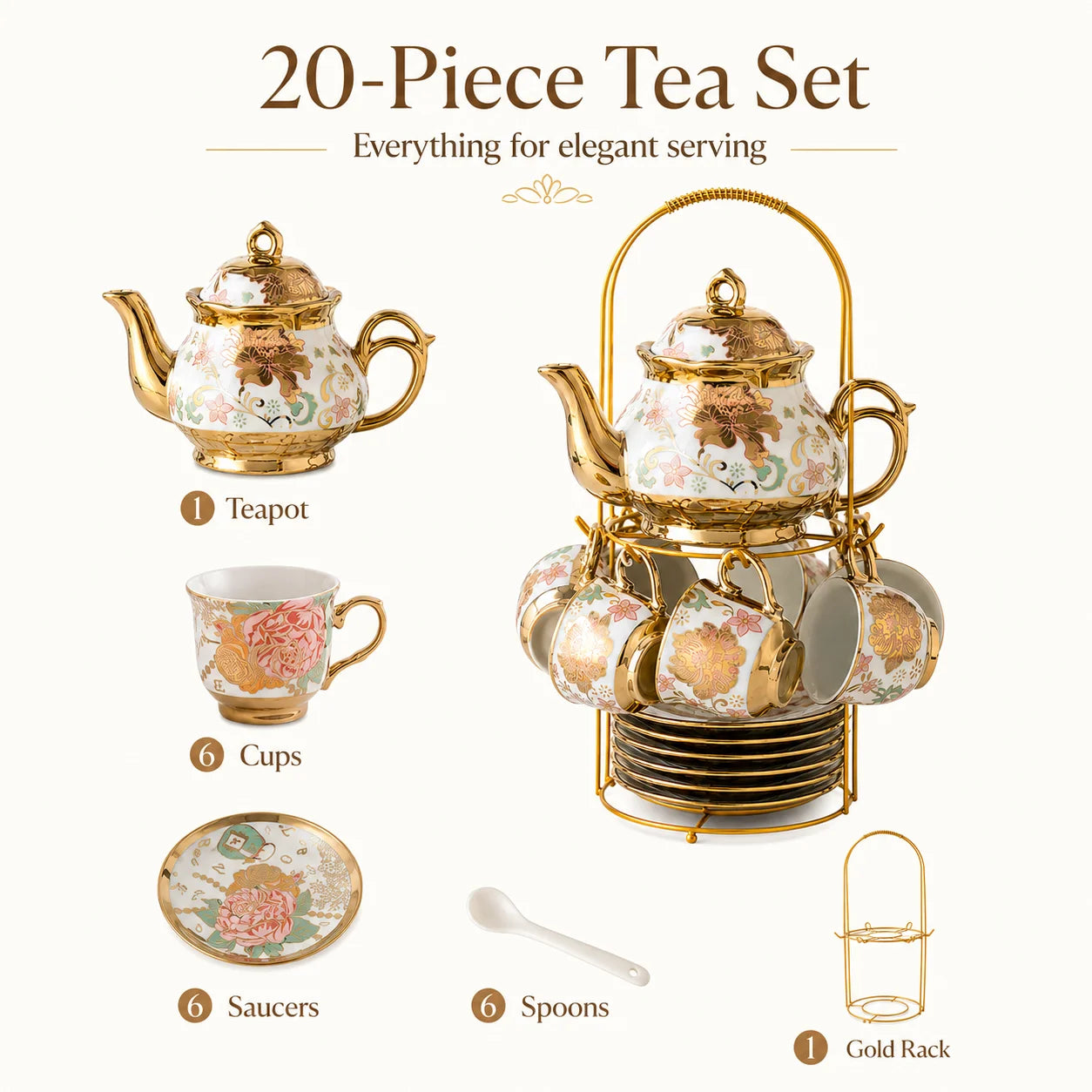 20PCS Ceramic Tea Set with Teapot Espresso Cups Saucers Spoons Display Rack Floral Gold Coffee Service Gift for Wedding Home