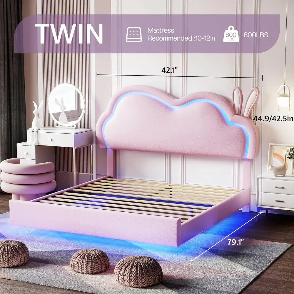 Jocisland Twin LED Bed Frame for Girls Upholstered Floating Bed with Cute Cloud Headboard, No Box Spring Needed, Leather, Pink