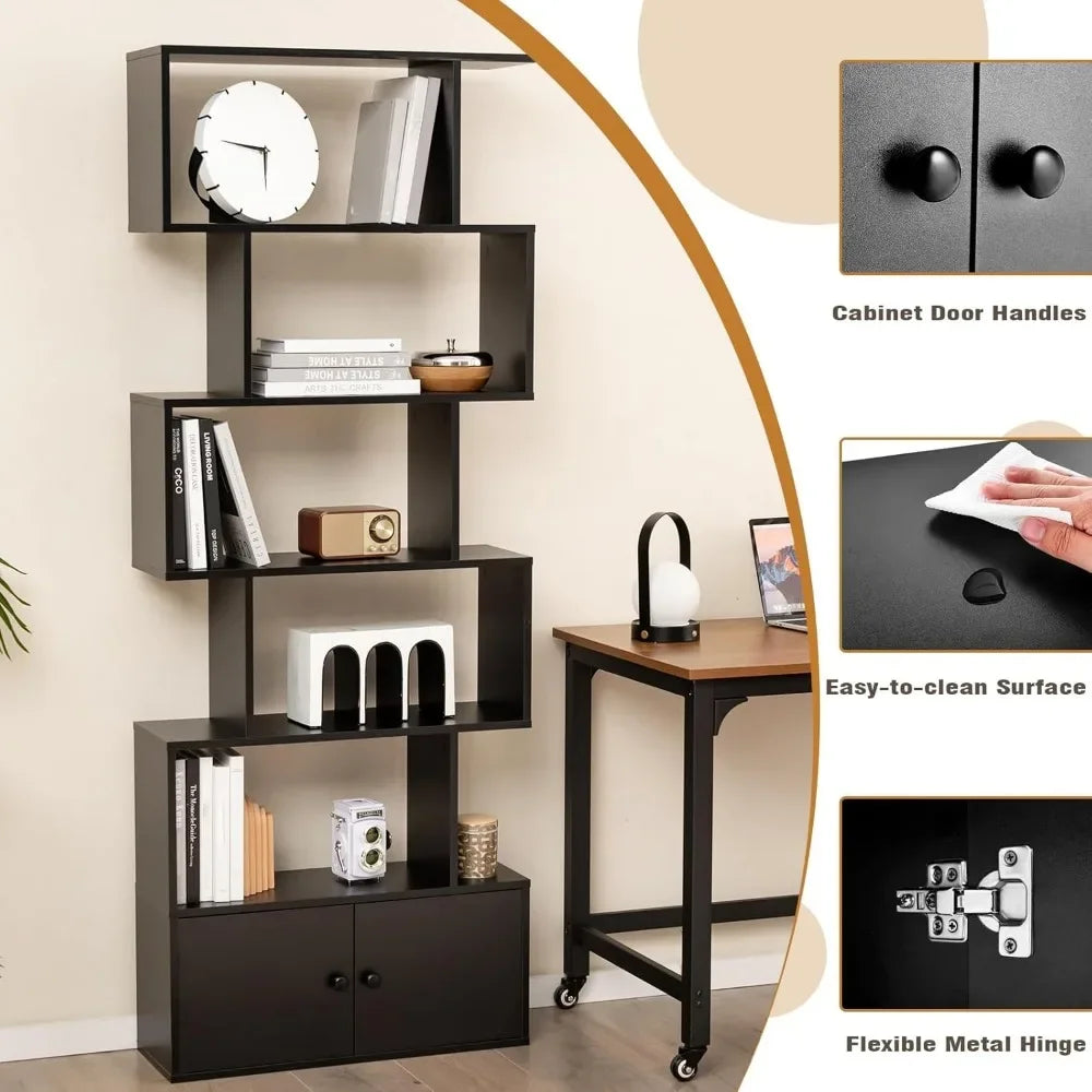 6-Tier Tall Bookcase with Cabinet, Anti-Tipping, Home Storage Organizer, Geometric Style