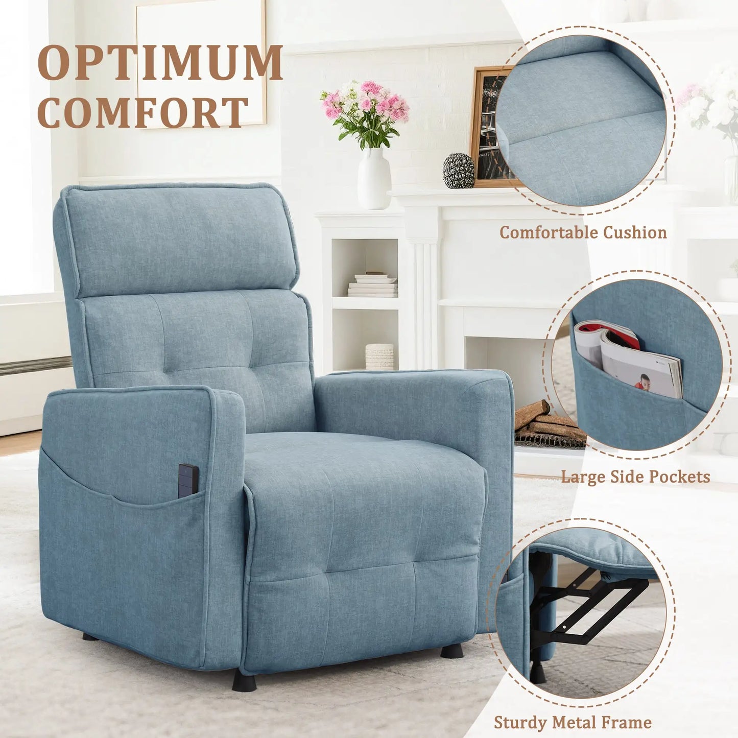 Electric Power Velvet Recliner For Adults With One Touch Adjustment And Pockets