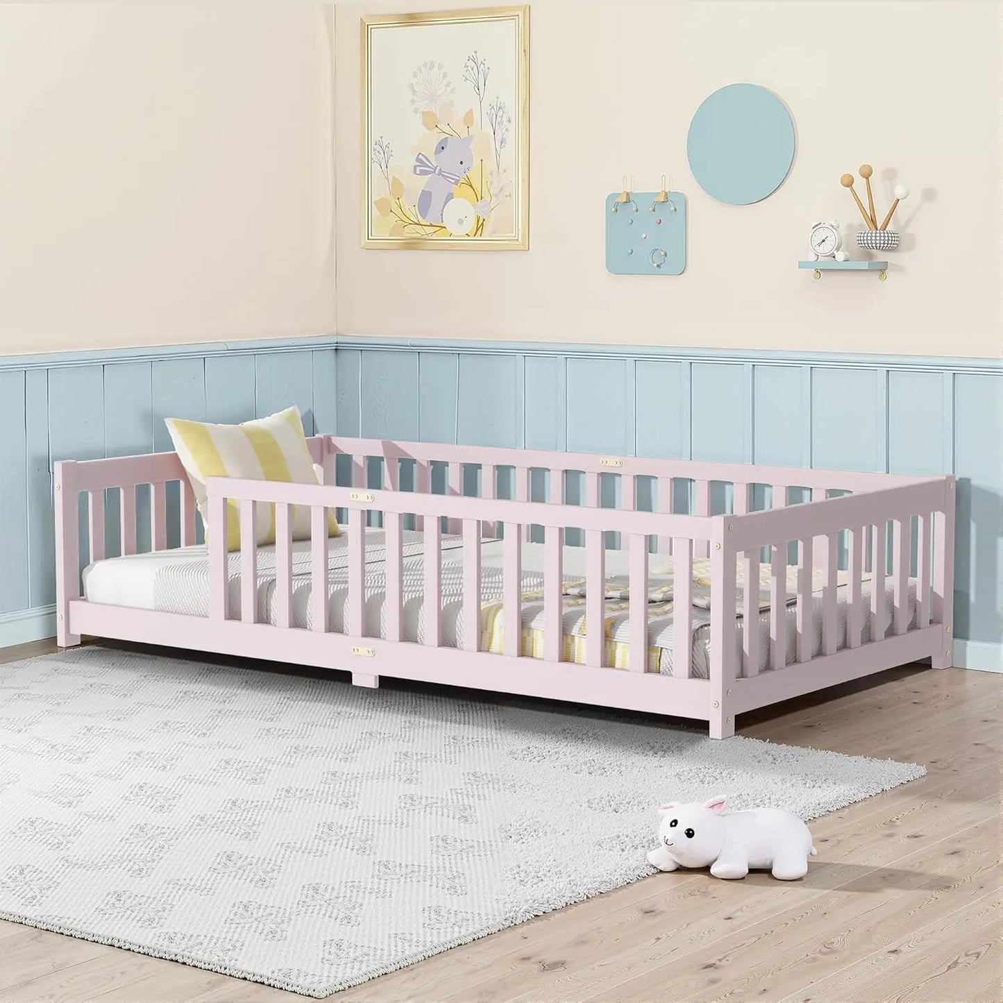 Full Size Floor Bed, Toddler Floor Bed Frame with High Guardrails, Solid Wood Montessori Beds Full with Support Slats, Fence and