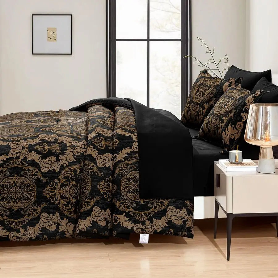 Black King Size Comforter Set Gold Damask Microfiber Bed in a Bag 7 Pieces