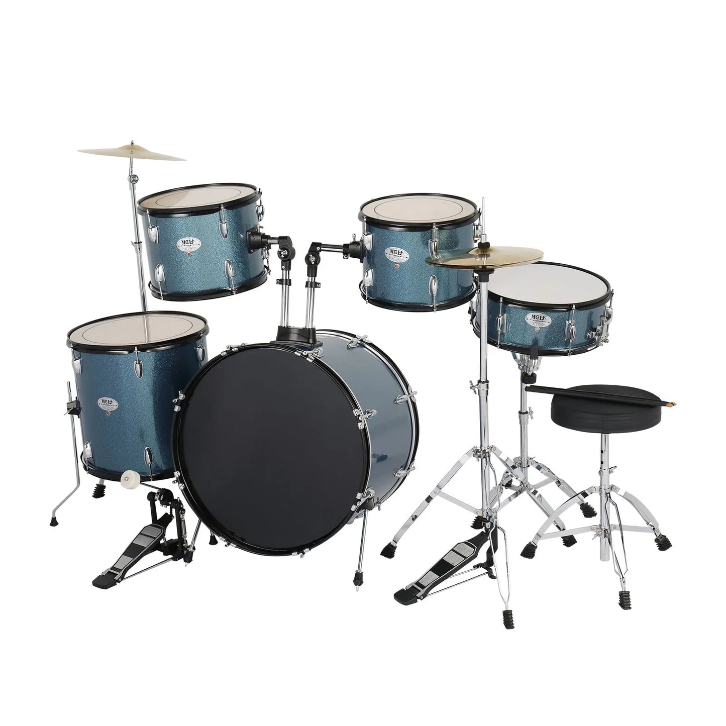 Full Size Adult 5 Piece Black Drum Set With Bass Drum Hi Hat Cymbals Crash Ride