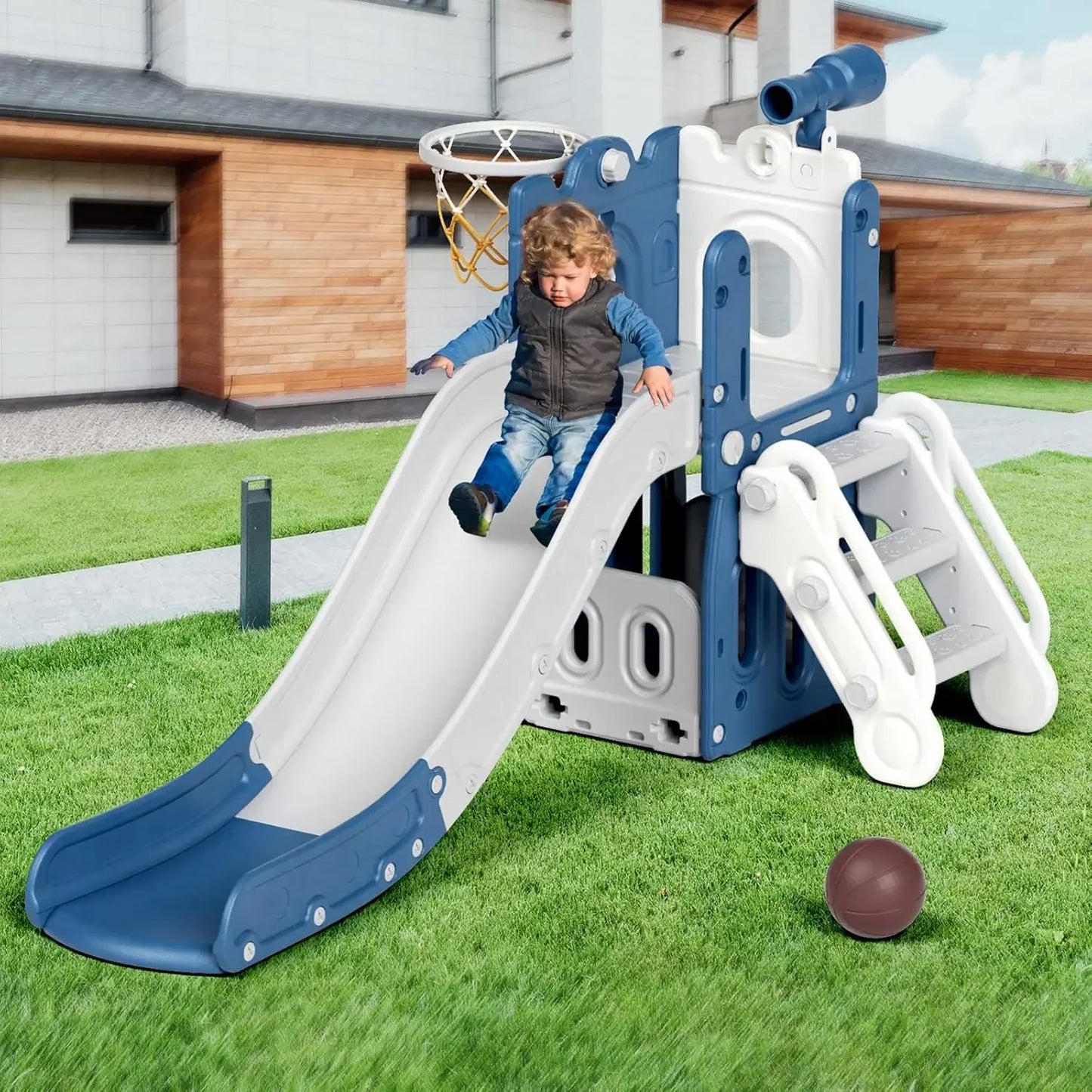 Toddler 7 In 1 Outdoor Playset Slide Climber Hoop Telescope