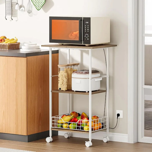 Three Tier Microwave Cart With Storage On Wheels Wood And Metal Kitchen Stand