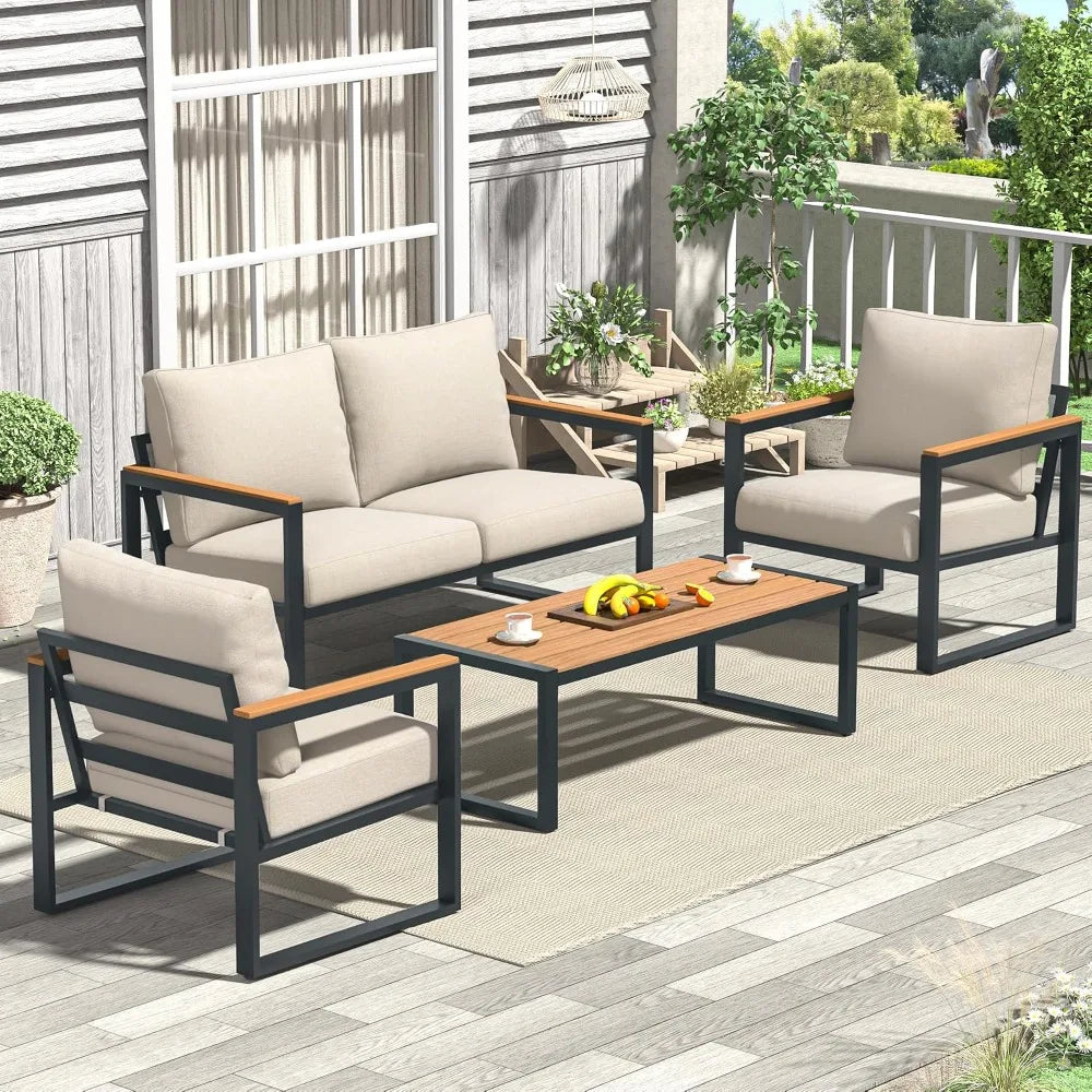 Exclusive Deal   4-Piece Outdoor Patio Furniture Set with Coffee Table Metal Conversation Set and Upgraded Beige Washable