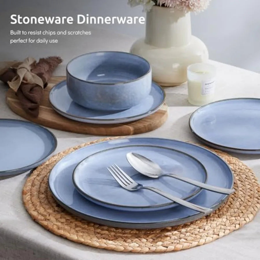 12-Piece Reactive Glaze Dinnerware Set For Four Plates And Bowls Microwave Safe