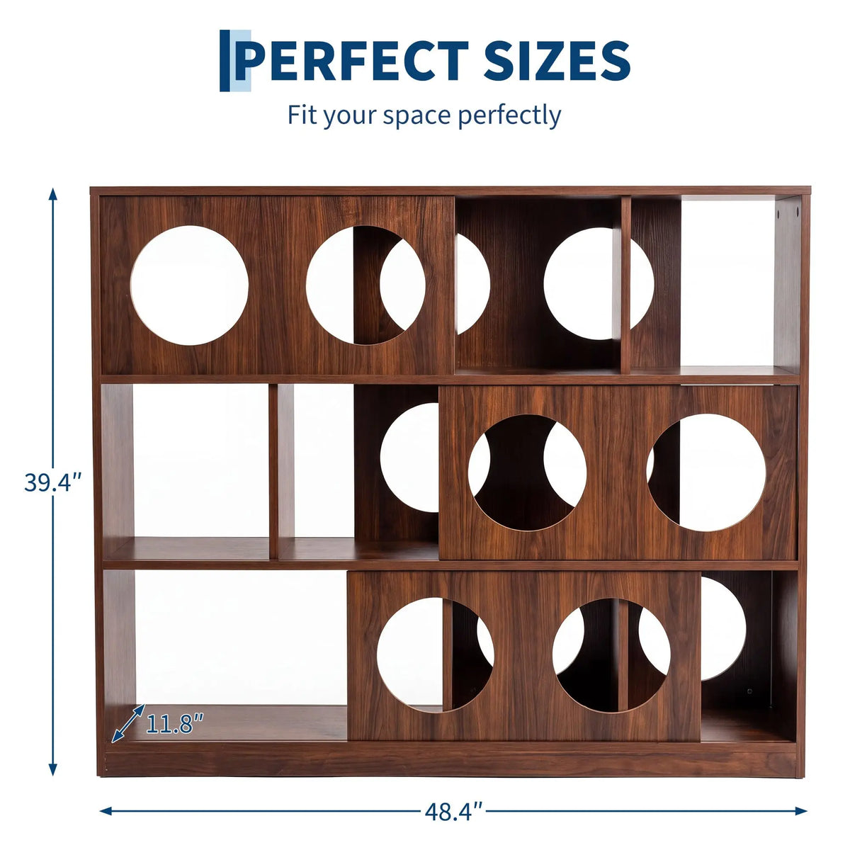 Low Wood Bookshelf With Round Cutout Cubbies Organizer