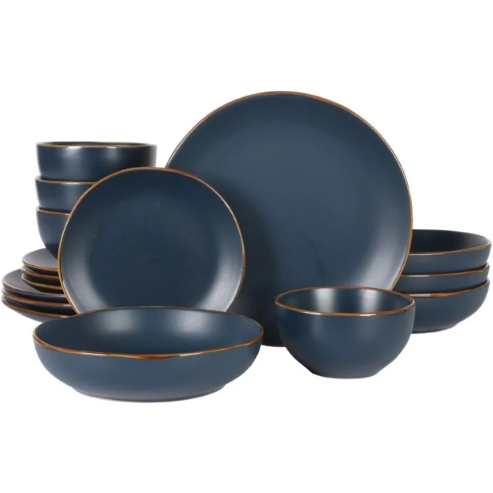 Hazeltine 16 Piece Stoneware Ceramic Dinnerware Set Navy Blue Plates And Bowls