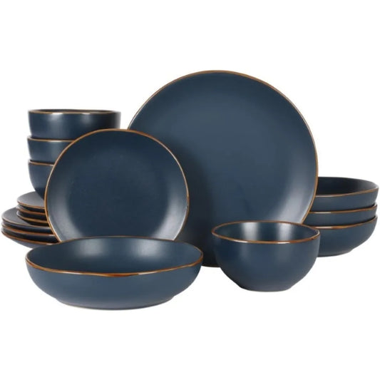Hazeltine 16 Piece Stoneware Ceramic Dinnerware Set Navy Blue Plates And Bowls