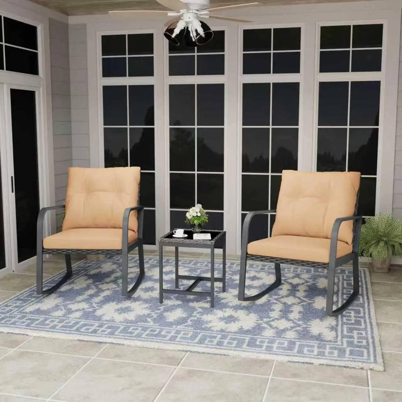 Bistro 3 Piece Patio Set With Rattan Rocking Chairs And Table Outdoor