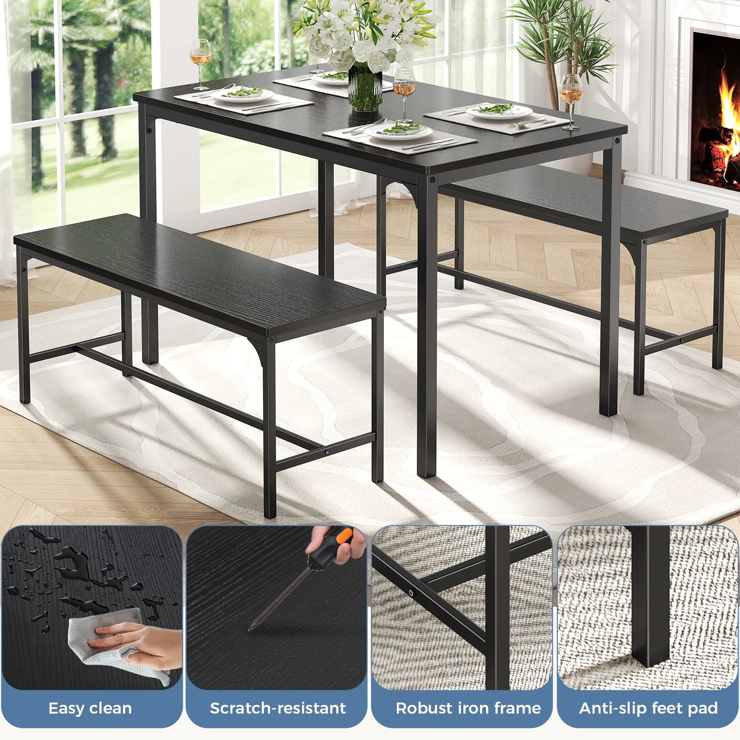JHK 3 Piece Table And Chair Set Space Saving Wooden Desktop With Metal Frame
