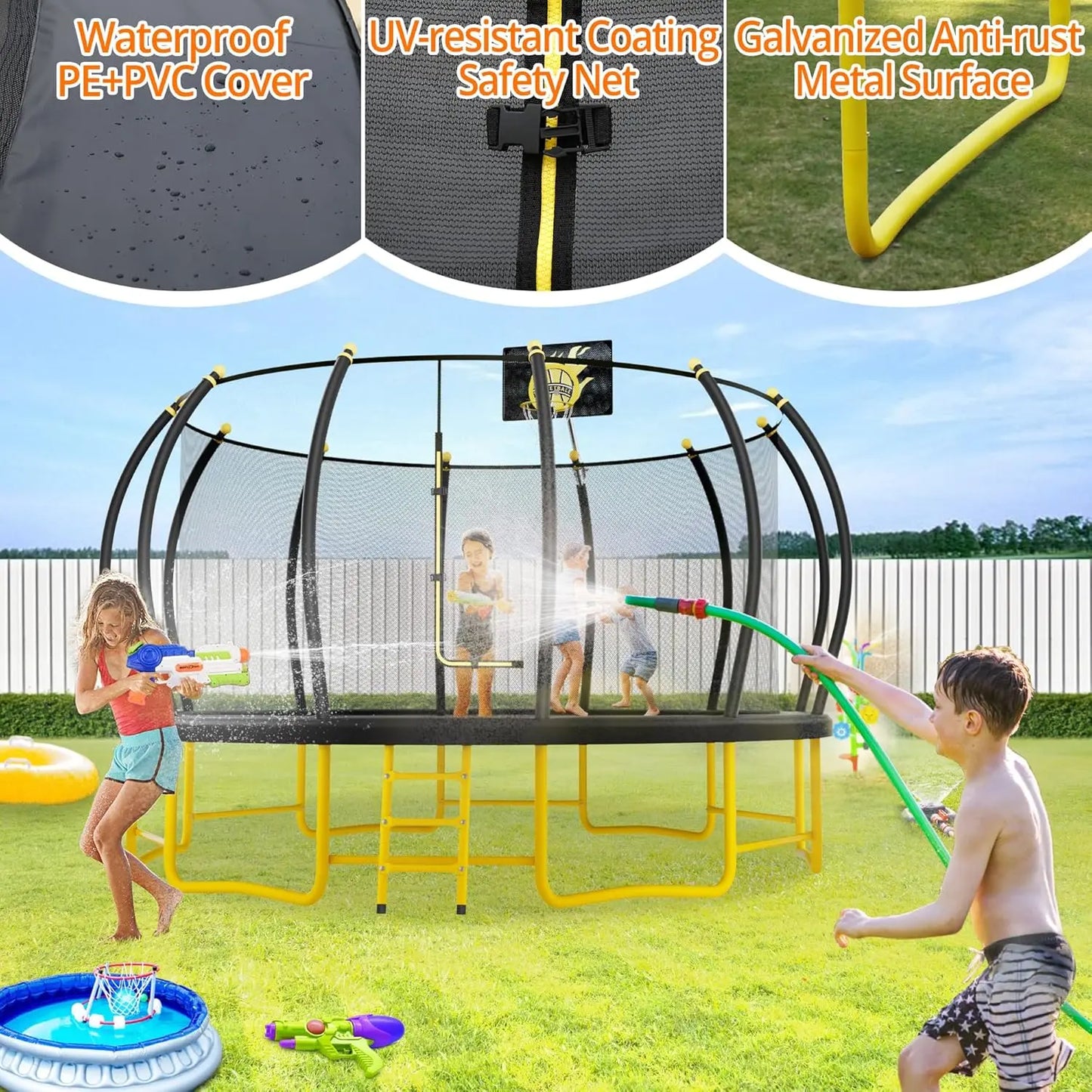 16FT Round Trampoline with Basketball Hoop for Kids Adults Outdoor Recreational Trampoline with Ladder and Safety