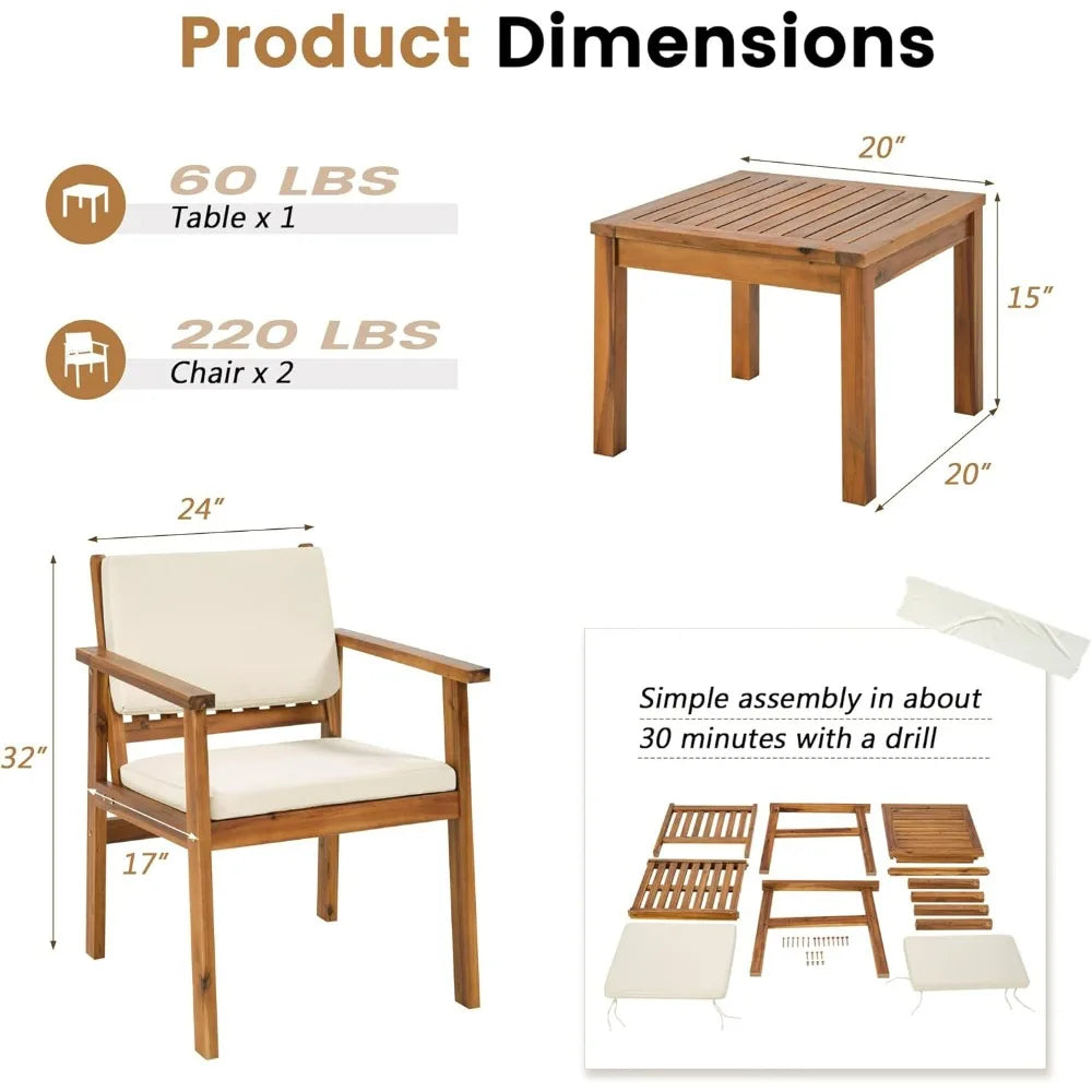 Flamaker 3 Piece Acacia Wood Patio Furniture Set With Coffee Table Cushions