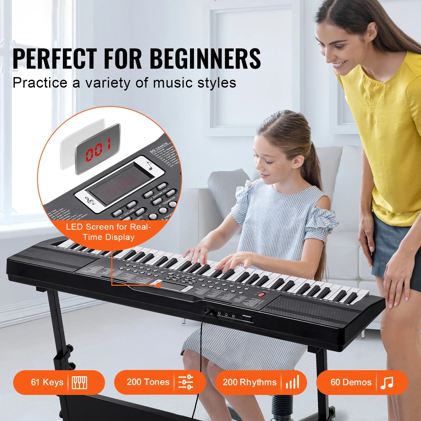 SucceBuy 61 Key Digital Keyboard Piano Portable 200 Tones 200 Rhythms