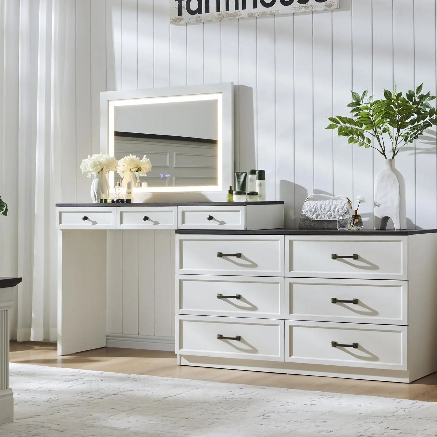 69 Inch Wide Rustic Wood Bedroom Dresser With Glass Top 9 Drawers LED Mirror