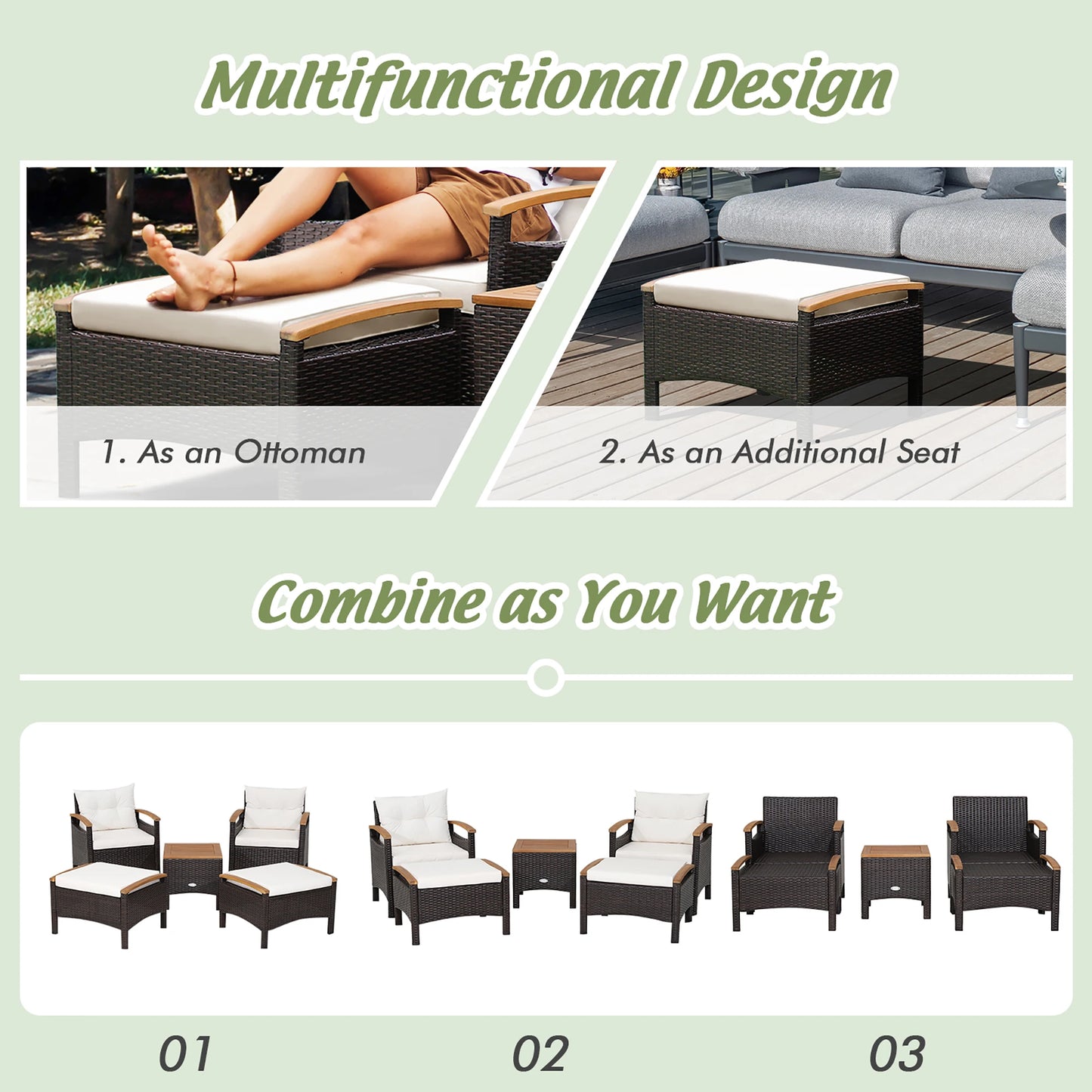 5 Piece Patio Rattan Furniture Set Cushioned Sofa And Ottoman Wood Top Table