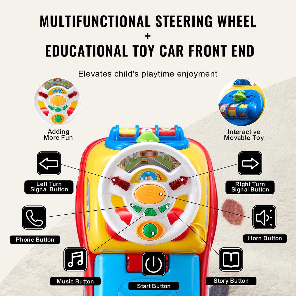 Toddler Ride On Push Car Music Steering Wheel Sit To Stand Kids Storage 0 To 3Y