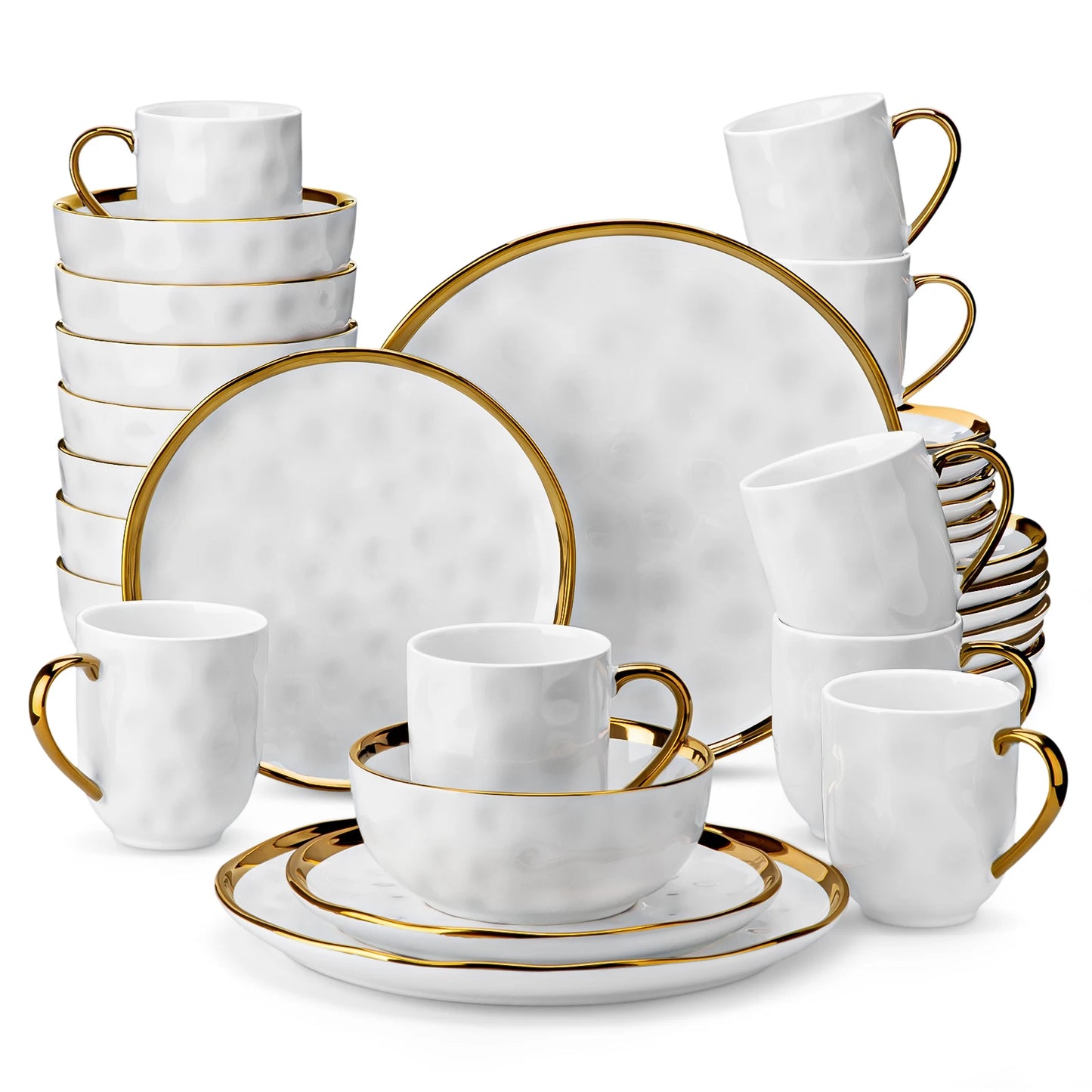 LoveCasa White Handmade Stoneware Dinnerware Set With Gold Trim 16 And 32 Piece
