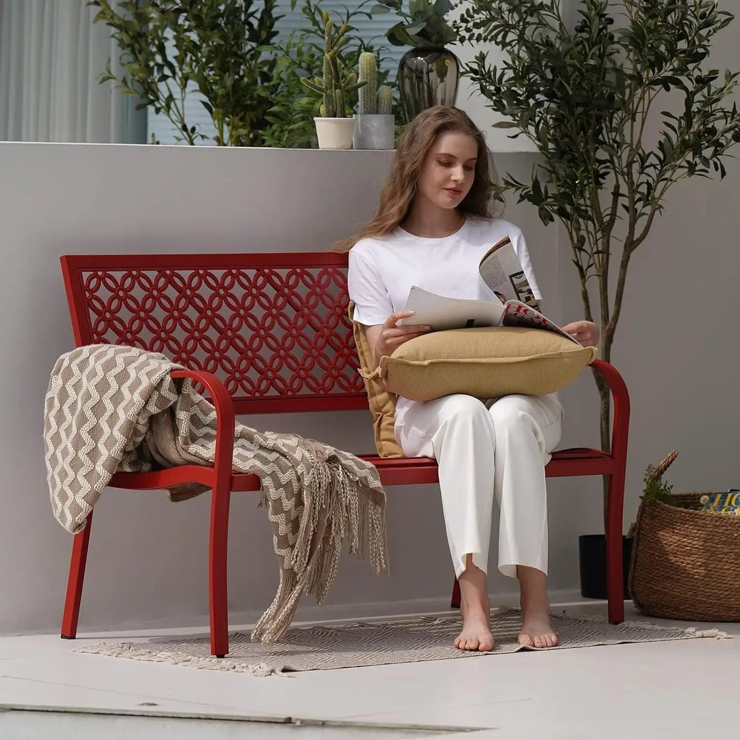 Outdoor Bench ，Powder-coat Steel Frame Garden Bench with Armrests  for Lawn Yard Porch