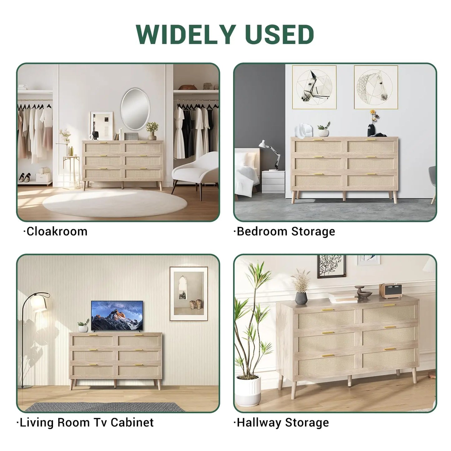 Rattan 6 Drawer Dresser Mid Century Modern Gold Handles For Bedroom Entryway