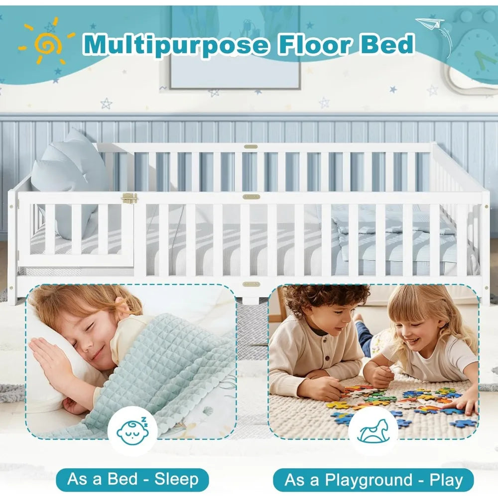 Full Size Floor Bed, Toddler Floor Bed Frame with High Guardrails, Solid Wood Montessori Beds Full with Support Slats, Fence and