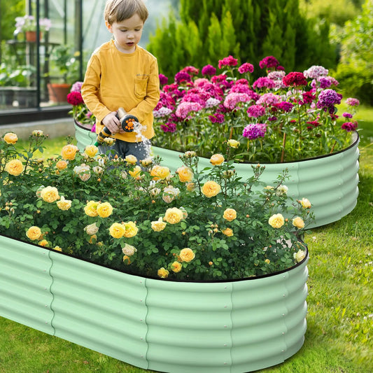 Two Pack Oval Galvanized Steel Raised Garden Beds With Open Base Safety Edge