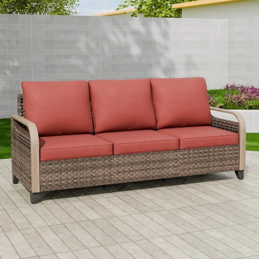 3 Seat Wicker Outdoor Patio Sofa Loveseat Brown And Red Rattan