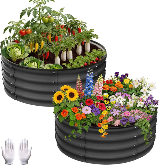 Tacleekii 2Pcs, 2x2x1 FT Round Raised Garden Bed, Galvanized Garden Beds, Metal Planter with Gloves and Rubber Edge Trim, for Vegetables, Flowers and Herbs
