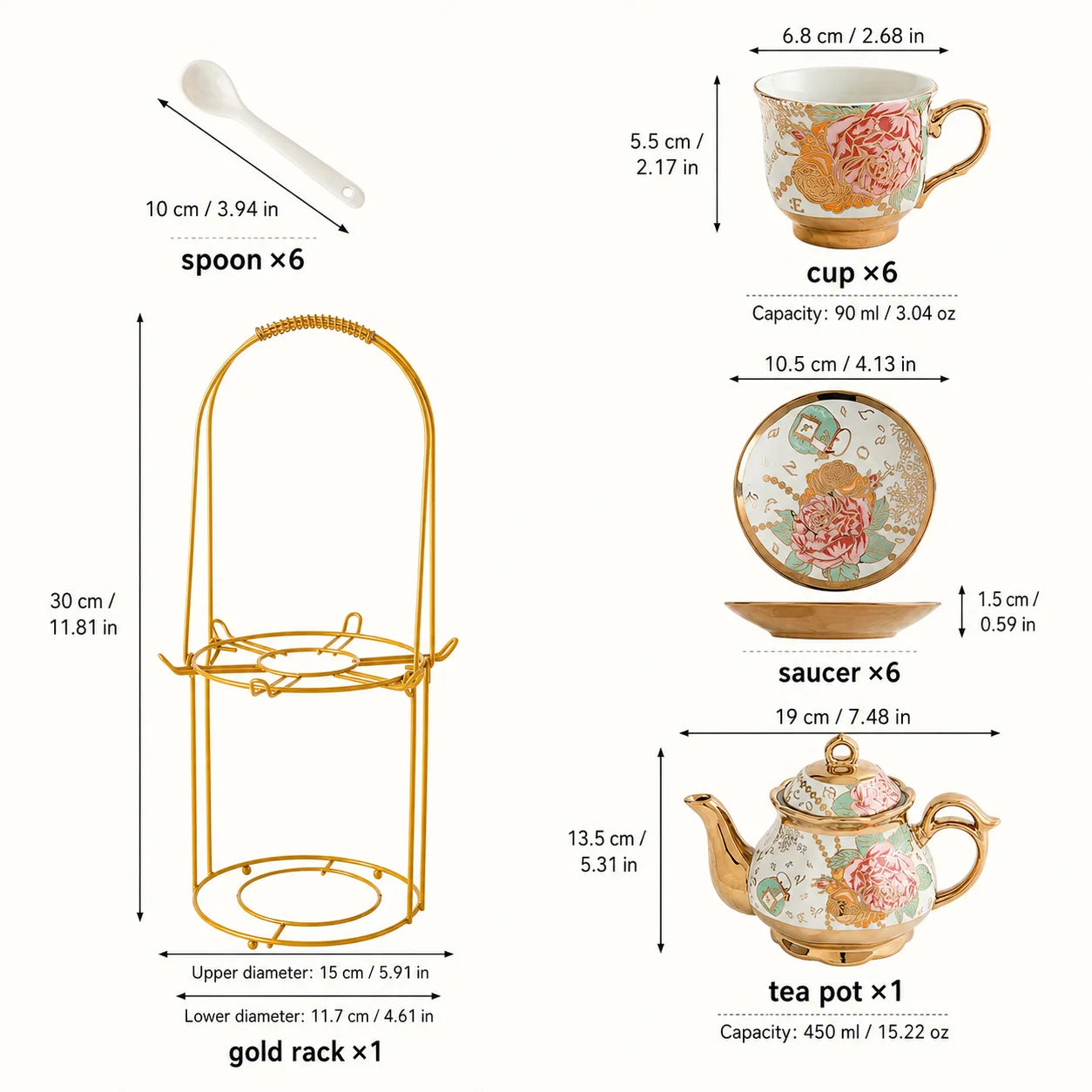 20PCS Ceramic Tea Set with Teapot Espresso Cups Saucers Spoons Display Rack Floral Gold Coffee Service Gift for Wedding Home