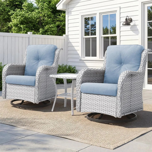 Patio Wicker Swivel Rocker Chairs Outdoor Furniture Set With Rattan Side Table