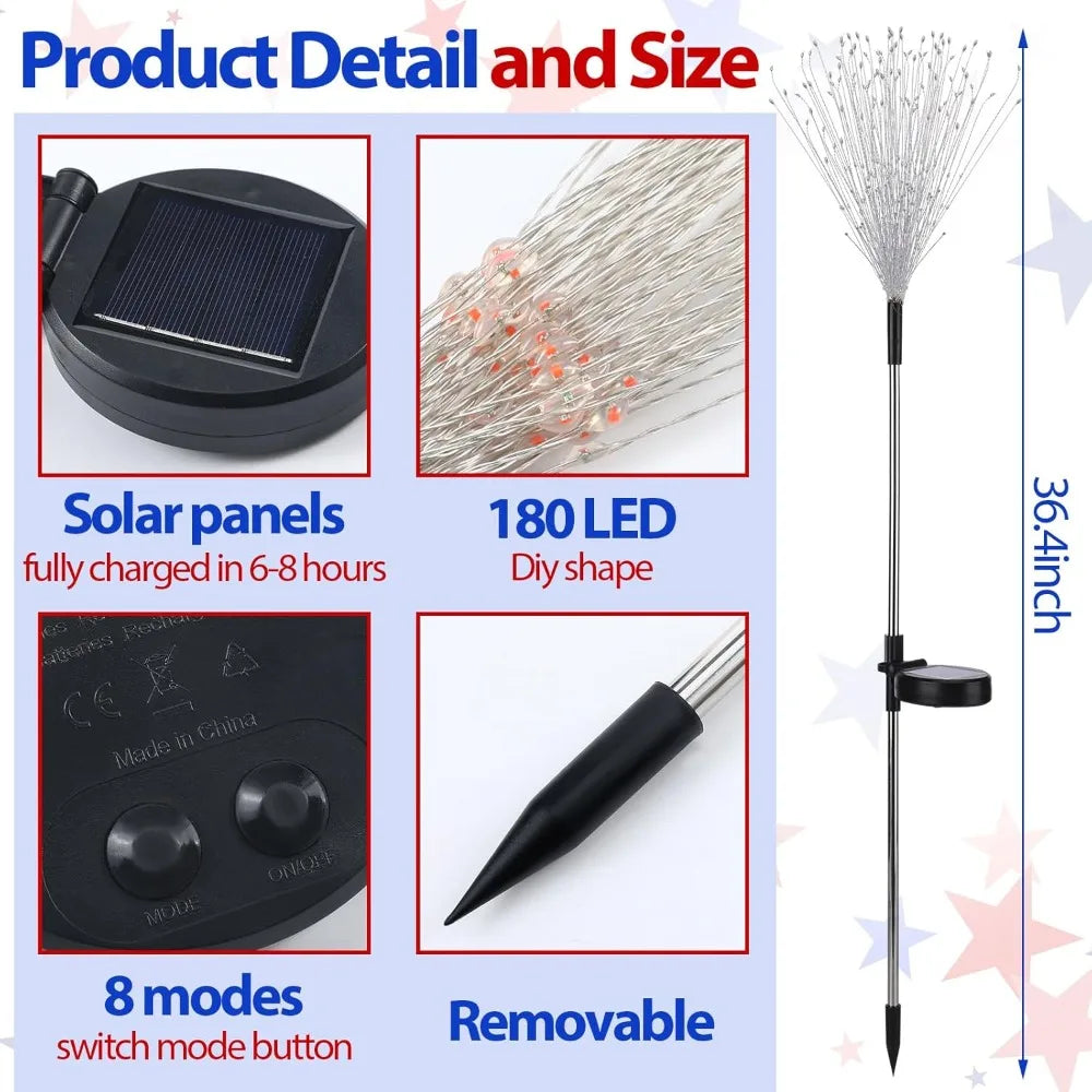 9 Pcs 4th Of July Solar Firework Stake Lights 180 LED 8 Modes Outdoor Decor